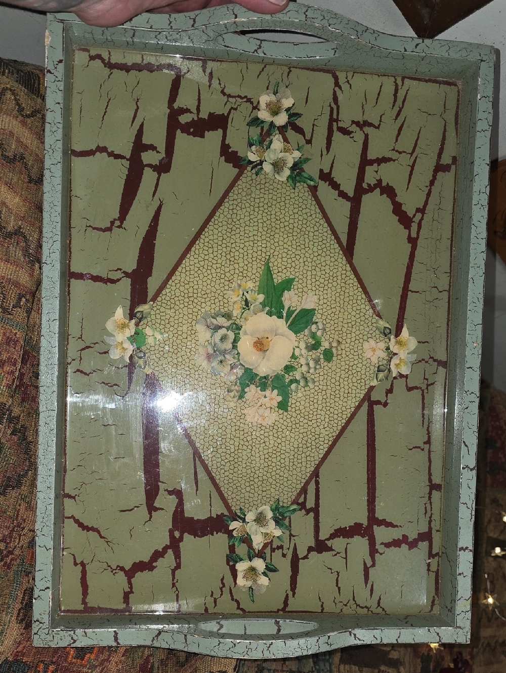 Vintage Dolce Mia Green Floral Crackle Serving Tray